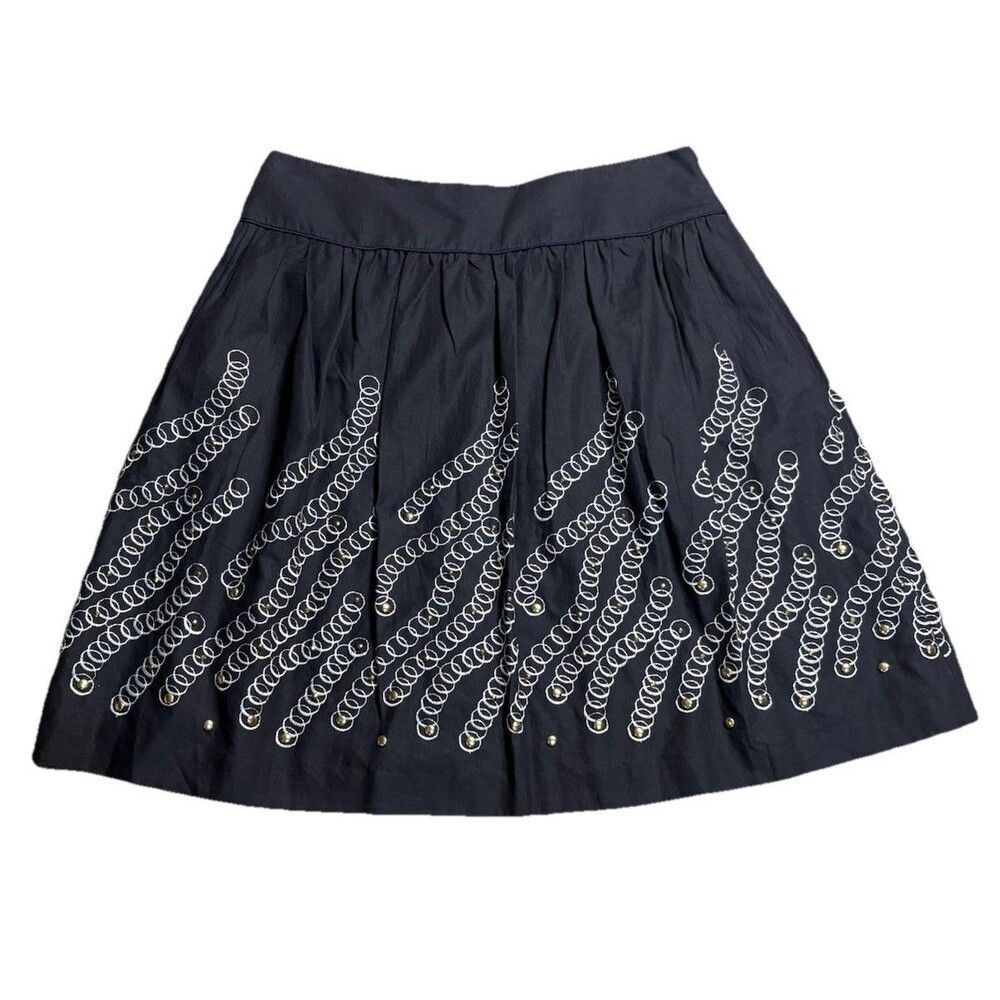 Worth Fit Flare Mini Skirt Navy Blue 12 Embroidered Studded Boho A-Line Chic